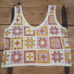 Women's Rebellion Multicolor Crochet Granny Square Crop Top Sleeveless 70s